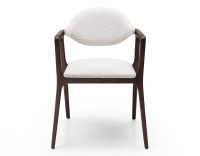 Designer armchair dark brown stained wood and white bouclé fabric. Designer armchair dark brown stained wood and white bouclé fabric.