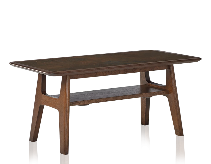 Table basse rectangulaire en chêne et céramique avec bois teinte marron foncé plateau céramique brun oxydé 100x50 cm
