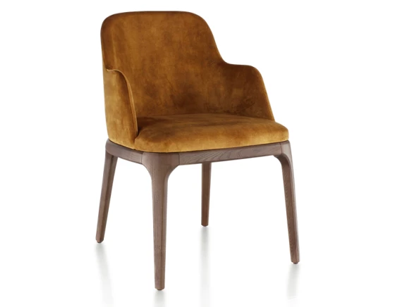 Chaise design avec accoudoirs teinte marron foncé et tissu velours bronze