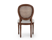 Louis XVI style antique chair dark brown stained wood with cane backrest and light grey fabric seat. Louis XVI style antique chair dark brown stained wood with cane backrest and light grey fabric seat.