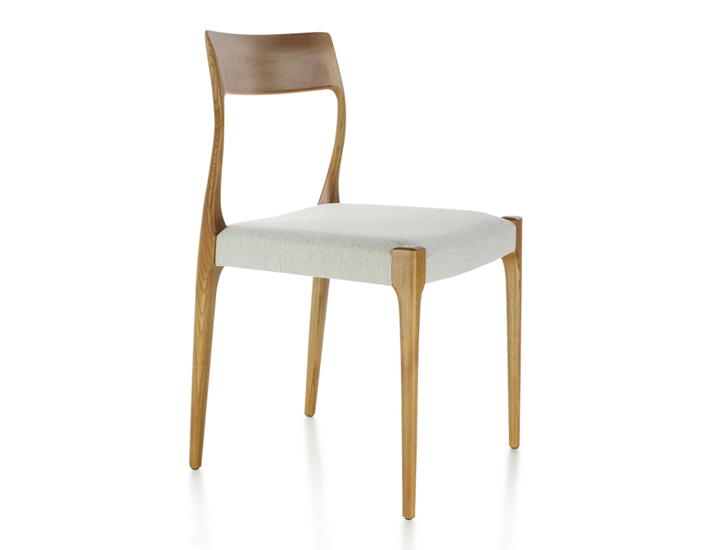 Chaise scandinave bois teinte merisier assise tissu beige naturel Chaise scandinave bois teinte merisier assise tissu beige naturel