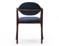 Designer armchair dark brown stained wood and ocean blue fabric. Designer armchair dark brown stained wood and ocean blue fabric.