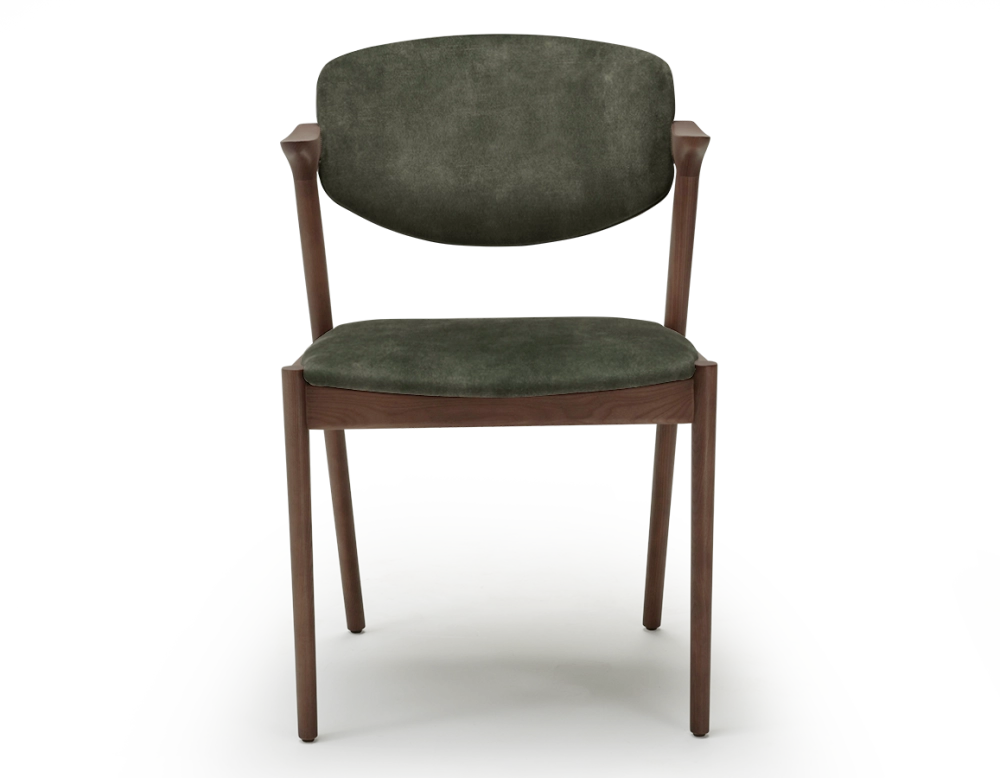 Chaise scandinave bois teinte noyer assise tissu velours vert forêt Chaise scandinave bois teinte noyer assise tissu velours vert forêt