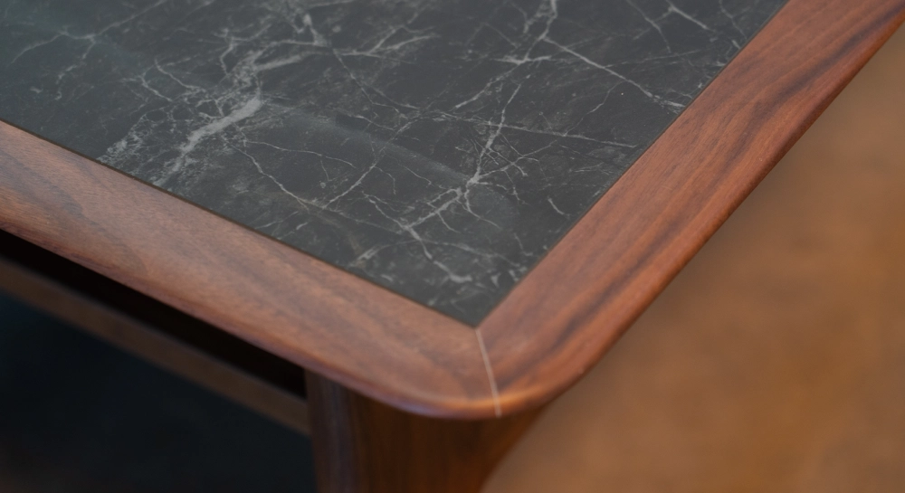 Square walnut and ceramic coffee table natural wood finish with slate effect ceramic top 100x100 cm Square walnut and ceramic coffee table natural wood finish with slate effect ceramic top 100x100 cm