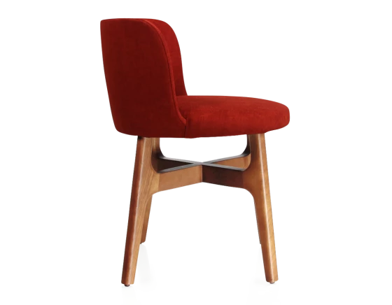 Chaise design bois teinte merisier assise tissu orange brulé