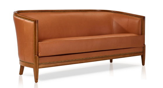 Canapé ancien 3 places accoudoirs moulurés bois teinte ancienne et cuir châtain