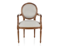 Chaise ancienne style Louis XVI avec accoudoirs bois teinte ancienne et tissu beige naturel Chaise ancienne style Louis XVI avec accoudoirs bois teinte ancienne et tissu beige naturel