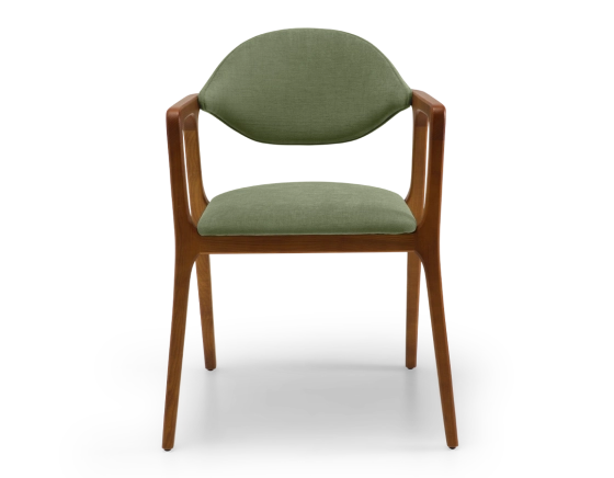 Designer armchair cherry wood stain and green fabric
