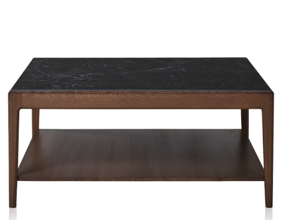 Table basse carrée en chêne et céramique avec tablette en bois teinte marron foncé plateau céramique effet ardoise 100x100 cm