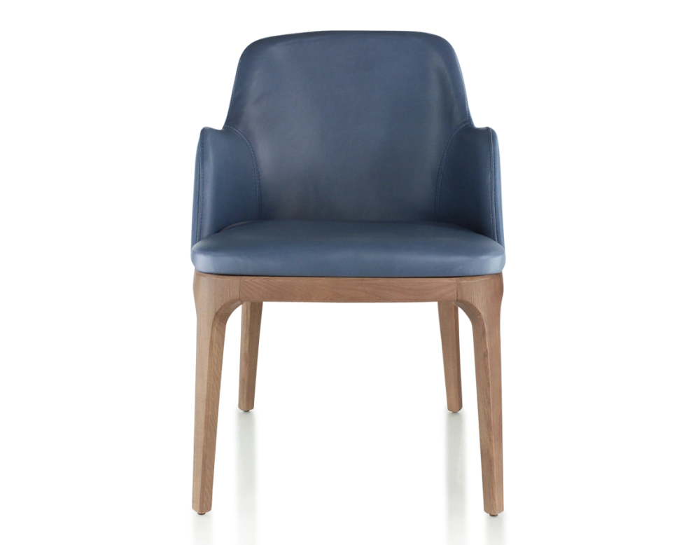 Chaise design avec accoudoirs bois teinte noyer et cuir bleu orage Chaise design avec accoudoirs bois teinte noyer et cuir bleu orage