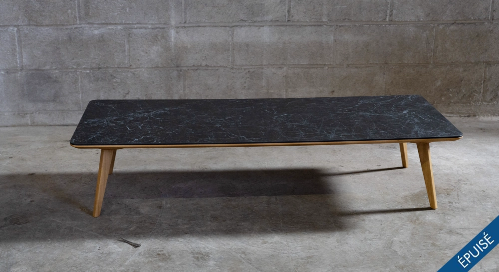 Round coffee table in oak and ceramic dark brown stained wood with a white marble-effect ceramic tabletop. 100x100 cm