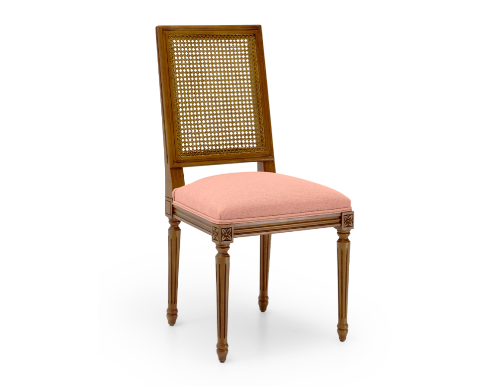 Chaise ancienne style Louis XVI dossier canné assise tissu rose corail Chaise ancienne style Louis XVI dossier canné assise tissu rose corail