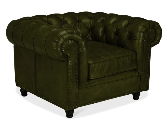 Fauteuil chesterfield cuir vert olive accoudoirs cloutés