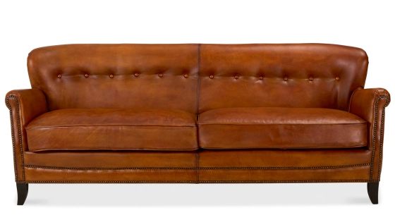 Canapé club cuir 3 places marron clair accoudoirs cloutés