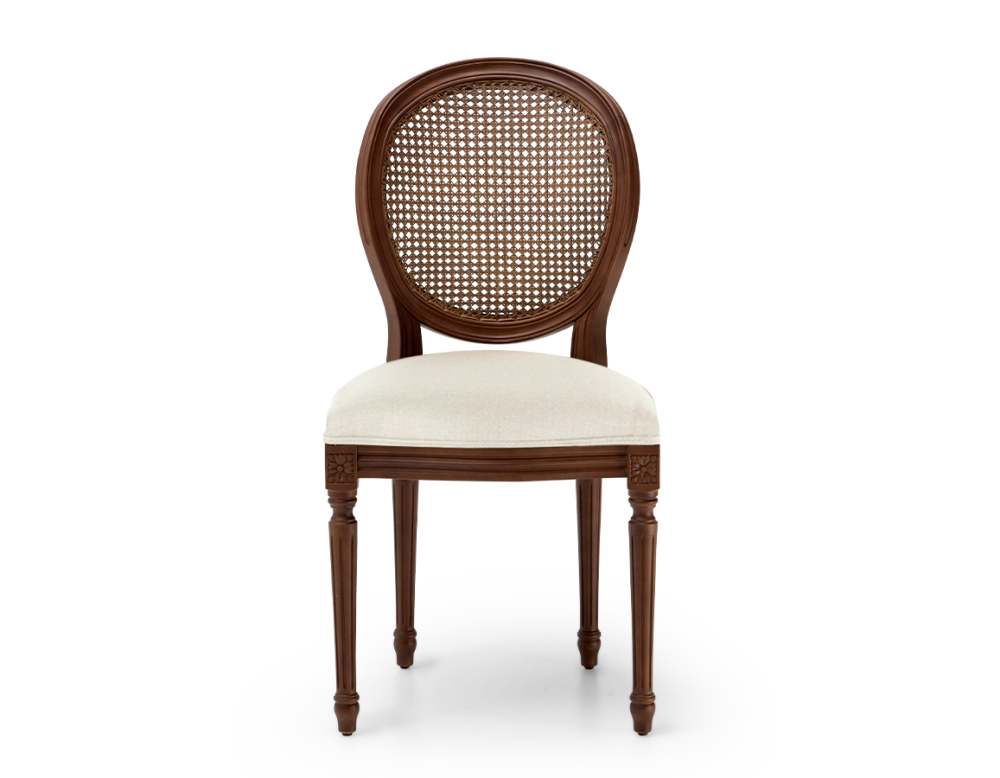 Louis XVI style antique chair dark brown stained wood with cane backrest and beige chevron fabric seat. Louis XVI style antique chair dark brown stained wood with cane backrest and beige chevron fabric seat.
