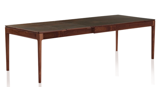 Table extensible 8 à 14 personnes en noyer et céramique allonges céramique avec bois teinte naturelle et plateau et allonges céramique brun oxydé 210x100 cm
