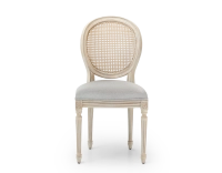 Louis XVI style antique chair wood with white cerused finish, caned backrest, light gray fabric seat. Louis XVI style antique chair wood with white cerused finish, caned backrest, light gray fabric seat.