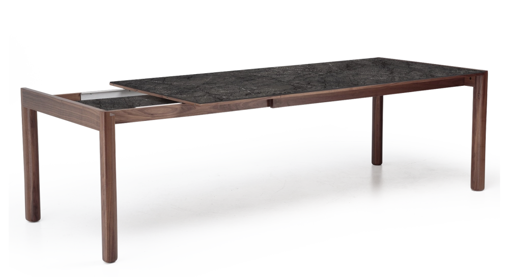 Extending table for 8 to 14 people in walnut and ceramic with ceramic extensions natural wood finish and grey marble-effect ceramic 210x100 cm Extending table for 8 to 14 people in walnut and ceramic with ceramic extensions natural wood finish and grey marble-effect ceramic 210x100 cm