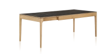 Extendable table for 8 to 12 people in oak and ceramic with ceramic extensions with natural stained wood and black marble effect ceramic top and extensions 160x100 cm