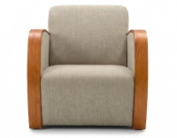 Fauteuil design bois teinte merisier et tissu vert bambou