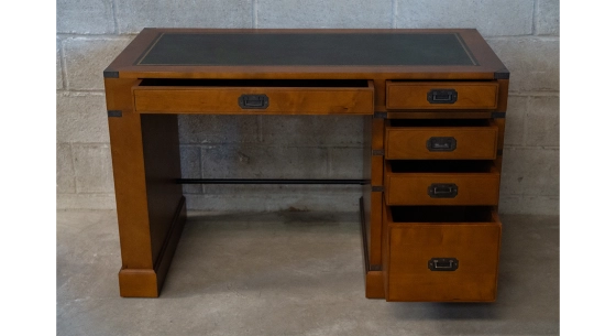 Bureau marine simple caisson 5 tiroirs bois teinte merisier et cuir vert