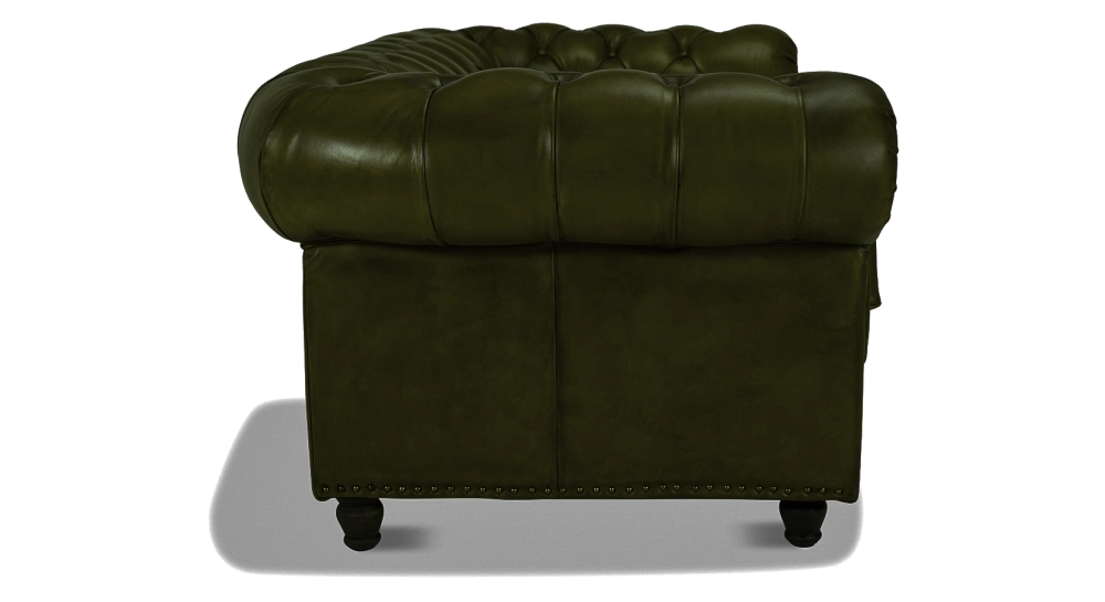 Canapé Chesterfield cuir 2 places vert olive accoudoirs cloutés Canapé Chesterfield cuir 2 places vert olive accoudoirs cloutés