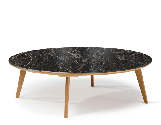 Table basse ronde F1 en chêne et céramique bois teinte naturelle plateau céramique effet marbre noir M2 90x90x30 cm