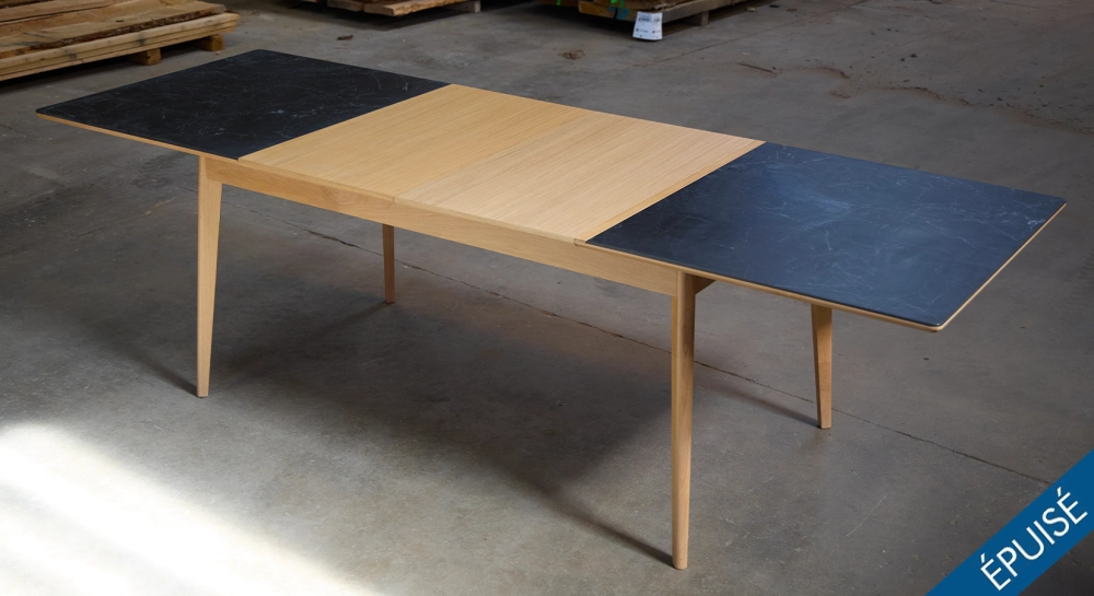 Table extensible 8 à 10 personnes en chêne et céramique allonges bois avec bois teinte naturelle et plateau céramique effet ardoise 160x90 cm Table extensible 8 à 10 personnes en chêne et céramique allonges bois avec bois teinte naturelle et plateau céramique effet ardoise 160x90 cm