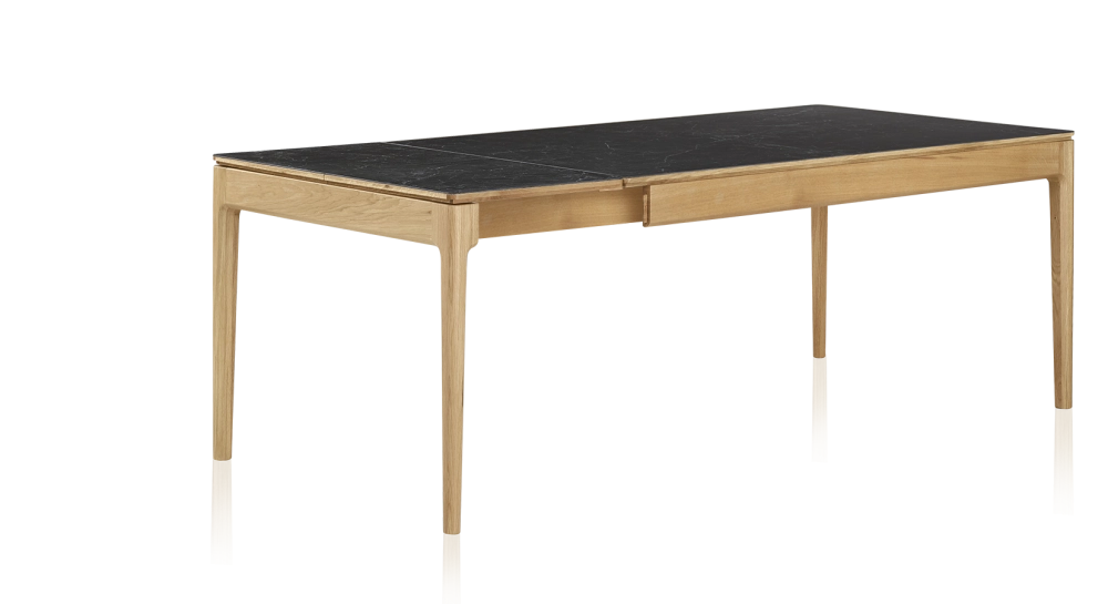 Extendable table for 8 to 12 people in oak and ceramic with ceramic extensions with natural stained wood and ceramic slate effect top and extensions 180x100 cm