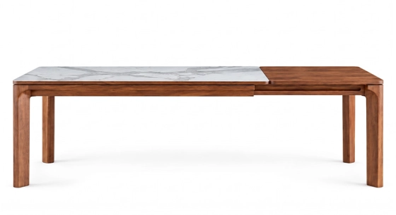 Table extensible 6 à 10/12 personnes en noyer et céramique allonges bois avec bois teinte naturelle et plateau céramique effet marbre blanc 180x100 cm