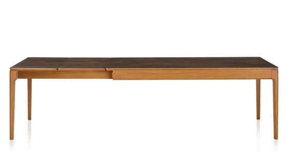 Table extensible 8 à 12 personnes en chêne et céramique allonges céramique avec bois teinte merisier et plateau et allonges céramique brun oxydé 160x100 cm