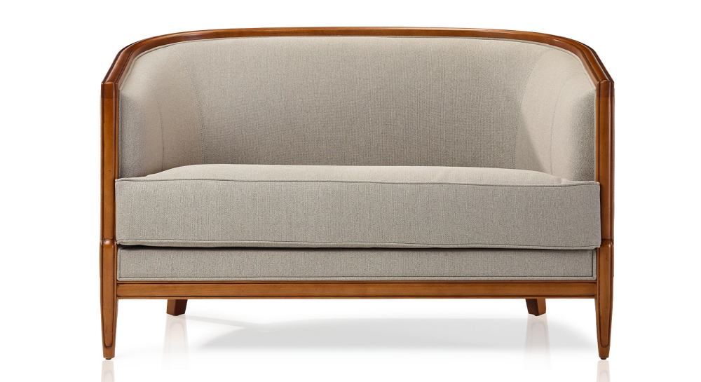 Canapé ancien 2 places accoudoirs moulurés bois teinte ancienne et tissu gris clair