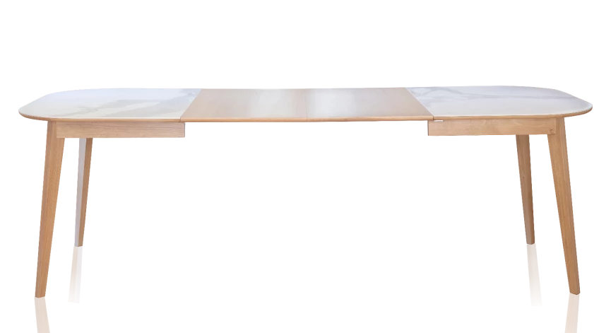 Table extensible en chêne naturel et céramique effet marbre blanc 140x100 cm allonges chêne