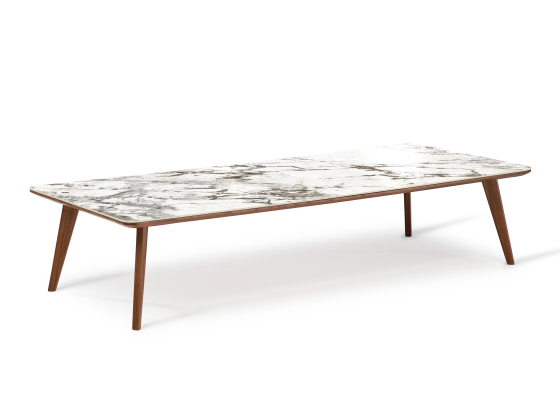 Table basse rectangulaire F7 en noyer et céramique bois teinte naturelle et céramique effet marbre blanc M3 100x60x30 cm