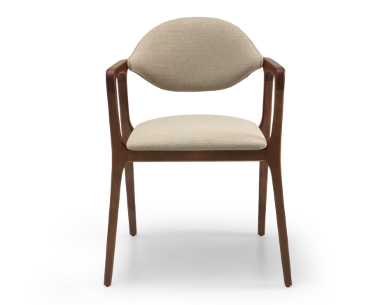 Designer armchair dark brown stained wood and taupe fabric.