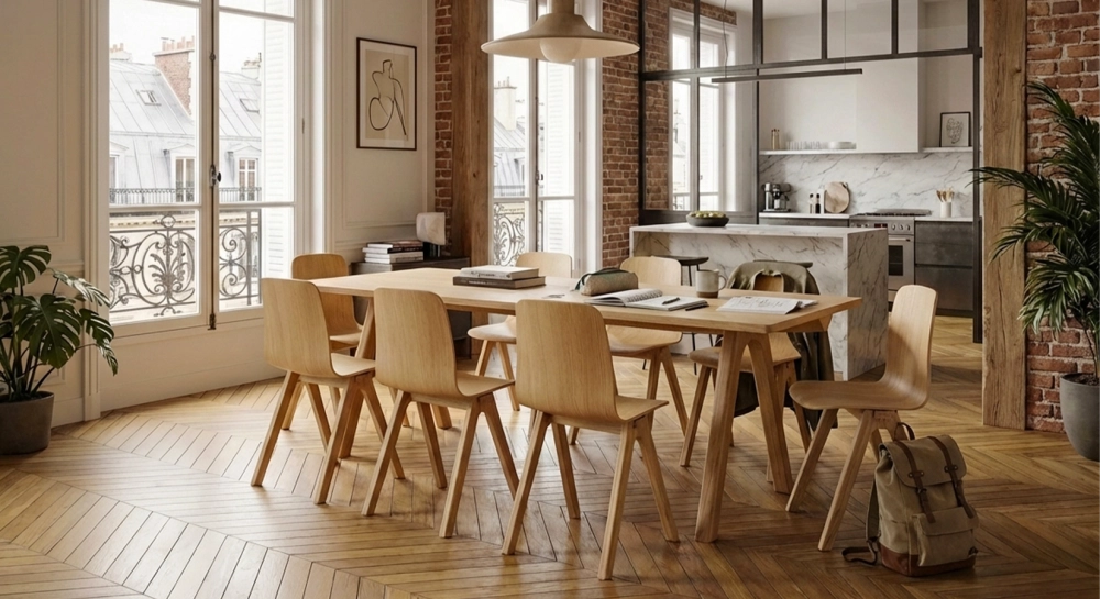 Table salle à manger 8 personnes en chêne teinte naturelle plateau bois 210x100 cm