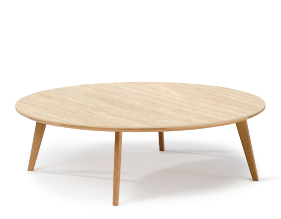 Round coffee table F1 in oak and ceramic natural wood finish with ceramic top in travertine stone effect. 120x120x30 cm