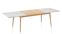 Table extensible 6 à 12 personnes en chêne et céramique allonges bois avec bois teinte naturelle et plateau céramique effet marbre blanc 140x100 cm