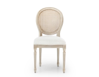 Chaise ancienne style Louis XVI bois teinte blanche cérusée dossier canné assise tissu bouclé blanc Chaise ancienne style Louis XVI bois teinte blanche cérusée dossier canné assise tissu bouclé blanc