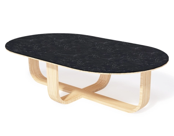 Oval coffee table in oak and ceramic with natural stained wood, slate effect ceramic top 120x80 cm