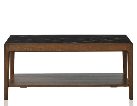 Table basse rectangulaire en chêne et céramique avec tablette en bois teinte marron foncé plateau céramique effet marbre noir 100x50 cm