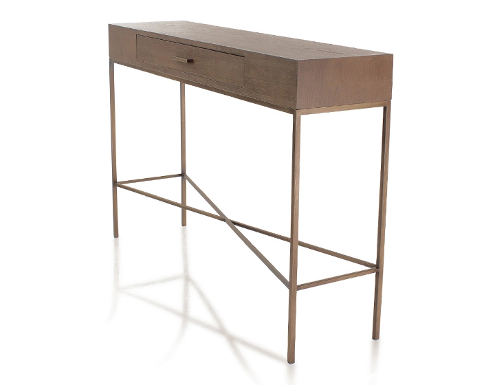 Console design frêne teinte noyer et métal patine laiton 100 cm Console design frêne teinte noyer et métal patine laiton 100 cm