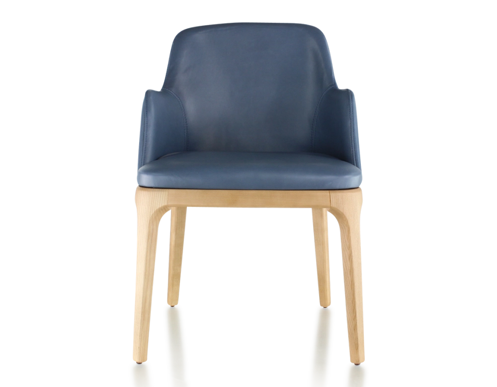 Chaise design avec accoudoirs bois teinte naturelle et cuir bleu orage Chaise design avec accoudoirs bois teinte naturelle et cuir bleu orage