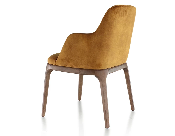Chaise design avec accoudoirs bois teinte marron foncé et tissu velours bronze
