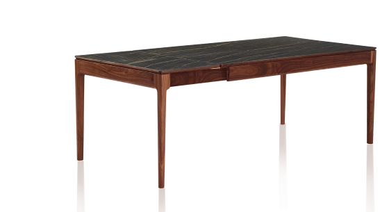 Extending table for 8 to 14 people in walnut and ceramic with ceramic extensions with natural stained wood and black marble effect ceramic top and extensions 210x100 cm