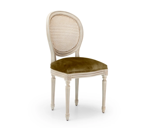 Chaise ancienne style Louis XVI bois teinte blanche cérusée dossier canné assise tissu velours vert olive