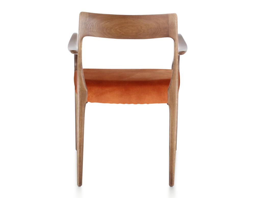 Scandinavian armchair with armrests walnut-stained wood, terracotta velvet seat Scandinavian armchair with armrests walnut-stained wood, terracotta velvet seat