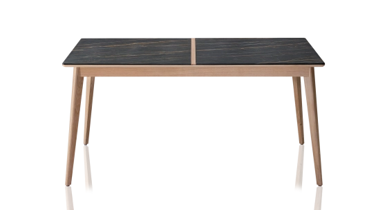 Table salle à manger en chêne et céramique 8 à 10 personnes avec bois teinte naturelle et plateau céramique effet marbre noir 210x90 cm