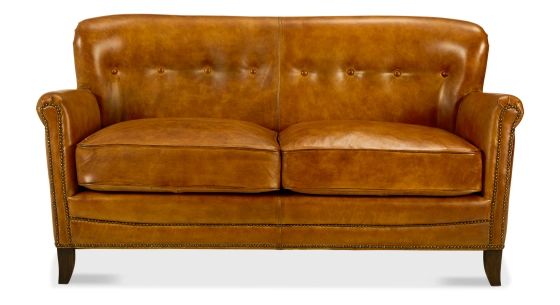 Canapé club cuir 2 places cognac accoudoirs cloutés