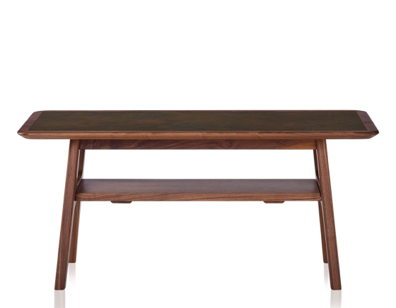 Table basse rectangulaire en noyer et céramique bois teinte naturelle plateau céramique brun oxydé 100x50 cm